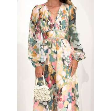 Maxigerui Women's Long Sleeve Boho Maxi Dress Floral Print Long Dress Green Floral S