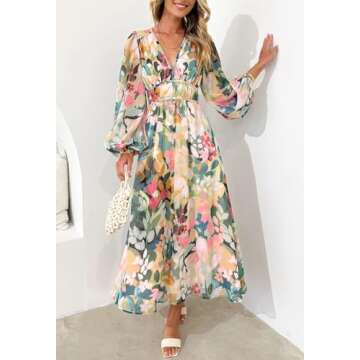 Maxigerui Women's Long Sleeve Boho Maxi Dress Floral Print Long Dress Green Floral S