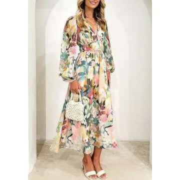 Maxigerui Women's Long Sleeve Boho Maxi Dress Floral Print Long Dress Green Floral S