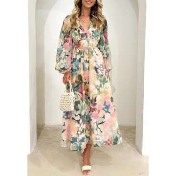 Maxigerui Women's Long Sleeve Boho Maxi Dress Floral Print Long Dress Green Floral S