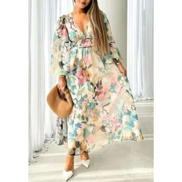 Maxigerui Women's Long Sleeve Boho Maxi Dress Floral Print Long Dress Green Floral S