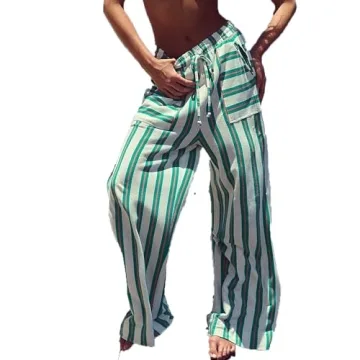 Women Y2K Drawstring Lounge Pants - Striped Wide Leg Casual Pants