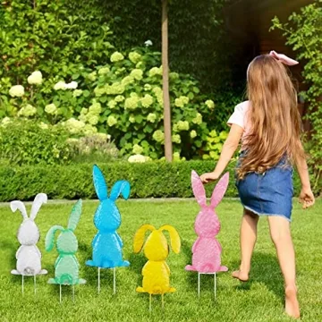 Joliyoou Vibrant Metal Easter Bunny Stakes for Gardens
