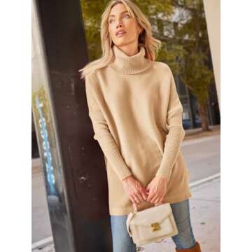 LILLUSORY Oversized Turtleneck Pullover Sweaters Womens 2024 Long Tunic Sweater Winter Trendy Casual Poncho Cowl Neck Cute Tops Dress Fall Fashion Clothes Outfits Clothing Khaki