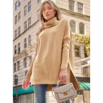 LILLUSORY Oversized Turtleneck Pullover Sweaters Womens 2024 Long Tunic Sweater Winter Trendy Casual Poncho Cowl Neck Cute Tops Dress Fall Fashion Clothes Outfits Clothing Khaki