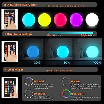 Globe Floor Lamp, 14-inch LED Ball Light with Remote,16 RGB Color Changing Dimmable Rechargeable Nursery Night Light, Waterproof Globe Lamp for Indoor Outdoor Lighting Decor Glowing Orb Light