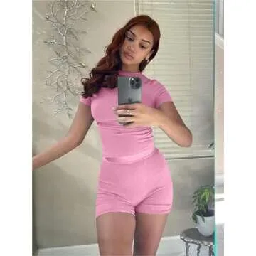 ZFLM Casual Workout Two Piece Outfits for Women Fitted Crew Neck T-shirt High Waist pants Matching Sets Streetwear