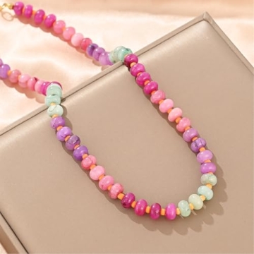 KOFISNI Natural Stone Beaded Necklace for Women Boho Handmade Beaded Necklace Colorful Beads Choker Necklace 14K Gold Plated Circular Buckle Surfer Beach Necklace Summer Jewelry Gift (Red)