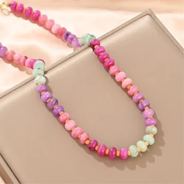 KOFISNI Natural Stone Beaded Necklace for Women Boho Handmade Beaded Necklace Colorful Beads Choker Necklace 14K Gold Plated Circular Buckle Surfer Beach Necklace Summer Jewelry Gift (Red)