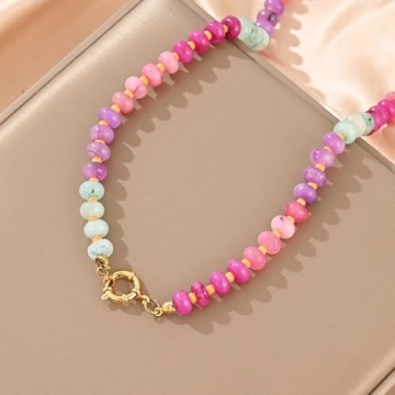 KOFISNI Natural Stone Beaded Necklace for Women Boho Handmade Beaded Necklace Colorful Beads Choker Necklace 14K Gold Plated Circular Buckle Surfer Beach Necklace Summer Jewelry Gift (Red)