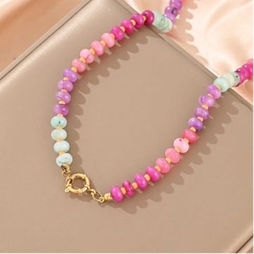 KOFISNI Natural Stone Beaded Necklace for Women Boho Handmade Beaded Necklace Colorful Beads Choker Necklace 14K Gold Plated Circular Buckle Surfer Beach Necklace Summer Jewelry Gift (Red)