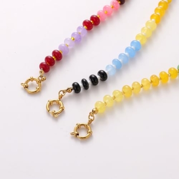 KOFISNI Natural Stone Beaded Necklace for Women Boho Handmade Beaded Necklace Colorful Beads Choker Necklace 14K Gold Plated Circular Buckle Surfer Beach Necklace Summer Jewelry Gift (Red)