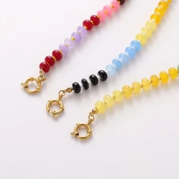 KOFISNI Natural Stone Beaded Necklace for Women Boho Handmade Beaded Necklace Colorful Beads Choker Necklace 14K Gold Plated Circular Buckle Surfer Beach Necklace Summer Jewelry Gift (Red)