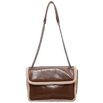 Mudono Shoulder Bag for Women - Elegant Soft Glossy Crossbody Purse with Faux Shearling Trim
