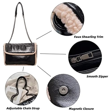 Mudono Glossy Shoulder Bag with Faux Shearling Trim