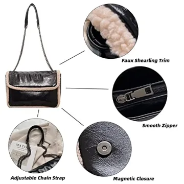 Mudono Glossy Shoulder Bag with Faux Shearling Trim