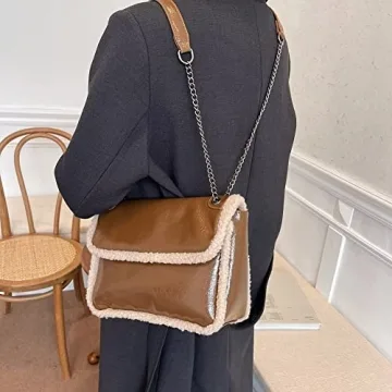 Mudono Glossy Shoulder Bag with Faux Shearling Trim