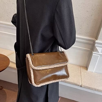 Mudono Glossy Shoulder Bag with Faux Shearling Trim