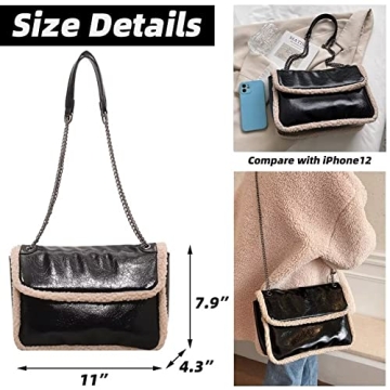 Mudono Glossy Shoulder Bag with Faux Shearling Trim