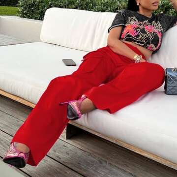 XZLUFNY Satin Pants for Women Classy Streetwear Pure Color Waist Shaped 4 Pockets Splcied Cargo Jogger Pants Red M