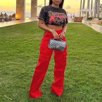 XZLUFNY Satin Pants for Women Classy Streetwear Pure Color Waist Shaped 4 Pockets Splcied Cargo Jogger Pants Red M