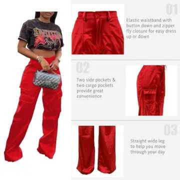 XZLUFNY Satin Pants for Women Classy Streetwear Pure Color Waist Shaped 4 Pockets Splcied Cargo Jogger Pants Red M