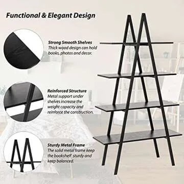 Glitzhome 4-Tier Industrial Bookshelf Modern A Frame Ladder Shelf Bookshelf Freestanding Plant Stand Wood Metal Frame Bookcase Open Shelf Display Rack Storage Organizer for Home Office-Black Oak/Black