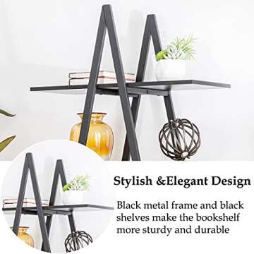 Glitzhome 4-Tier Industrial Bookshelf Modern A Frame Ladder Shelf Bookshelf Freestanding Plant Stand Wood Metal Frame Bookcase Open Shelf Display Rack Storage Organizer for Home Office-Black Oak/Black