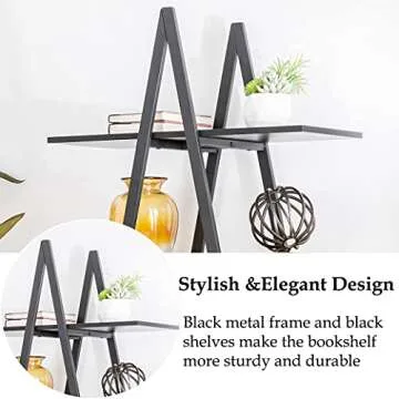 Glitzhome 4-Tier Industrial Bookshelf Modern A Frame Ladder Shelf Bookshelf Freestanding Plant Stand Wood Metal Frame Bookcase Open Shelf Display Rack Storage Organizer for Home Office-Black Oak/Black