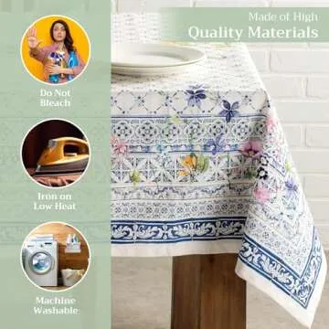 Maison d' Hermine Tablecloth 54"x72" - Faience Pattern - Rectangle Decorative Cotton Tablecloth for Dining Room, Home, Farmhouse, Parties, Outdoor, Boho & Wedding - Ideal for Spring & Summer