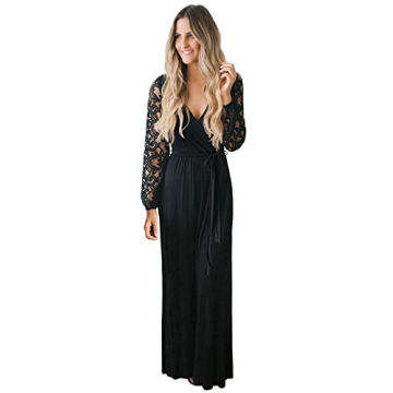 Zattcas Womens Vintage Floral Lace Long Sleeve Faux Wrap V Neck Party Long Maxi Dress Black Medium