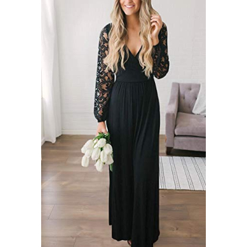 Zattcas Womens Vintage Floral Lace Long Sleeve Faux Wrap V Neck Party Long Maxi Dress Black Medium