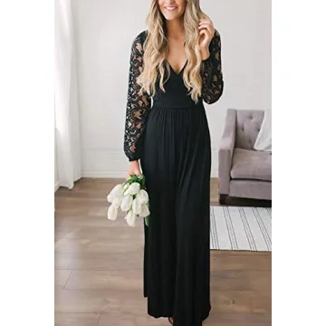 Zattcas Womens Vintage Floral Lace Long Sleeve Faux Wrap V Neck Party Long Maxi Dress Black Medium