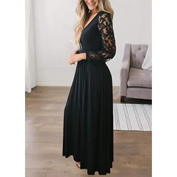 Zattcas Womens Vintage Floral Lace Long Sleeve Faux Wrap V Neck Party Long Maxi Dress Black Medium