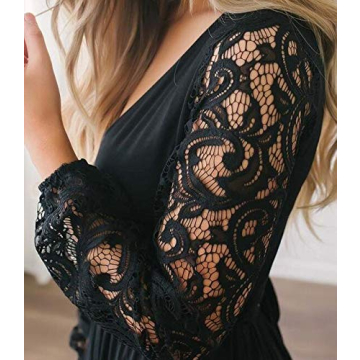 Zattcas Womens Vintage Floral Lace Long Sleeve Faux Wrap V Neck Party Long Maxi Dress Black Medium