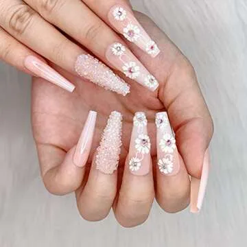 Artquee 24pcs French Nude White Flowers Press on Nails Flash Diamond 3D Rhinestones Glitter Glossy False Nails Long Ballerina Coffin Fake Nail Tips Manicure for Women