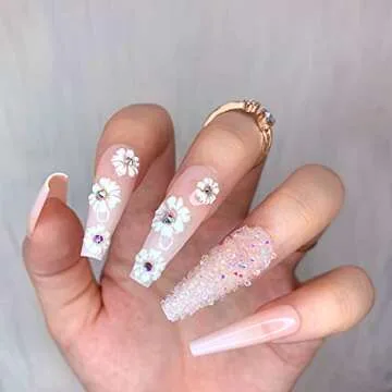 Artquee 24pcs French Nude White Flowers Press on Nails Flash Diamond 3D Rhinestones Glitter Glossy False Nails Long Ballerina Coffin Fake Nail Tips Manicure for Women