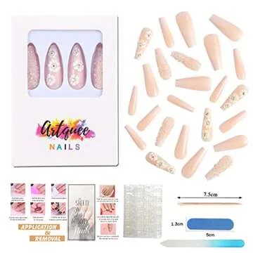 Artquee 24pcs French Nude White Flowers Press on Nails Flash Diamond 3D Rhinestones Glitter Glossy False Nails Long Ballerina Coffin Fake Nail Tips Manicure for Women