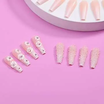 Artquee 24pcs French Nude White Flowers Press on Nails Flash Diamond 3D Rhinestones Glitter Glossy False Nails Long Ballerina Coffin Fake Nail Tips Manicure for Women