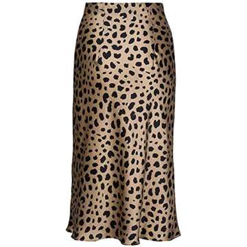 Keasmto Leopard Midi Skirt Plus Size for Women High Waist Silk Satin Elasticized Skirts XXL