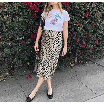 Keasmto Leopard Midi Skirt Plus Size for Women High Waist Silk Satin Elasticized Skirts XXL