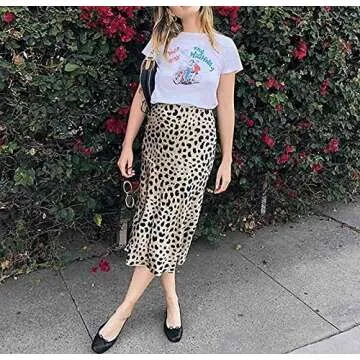 Keasmto Leopard Midi Skirt Plus Size for Women High Waist Silk Satin Elasticized Skirts XXL