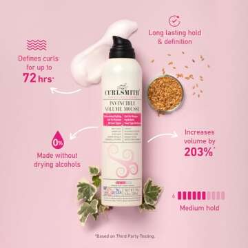 CURLSMITH - Invincible Volume Hair Mousse, Instant Volume, Alcohol Free, Non-Sticky, for Wavy, Curly or Coily Hair, Vegan (200ml/6.8fl oz)