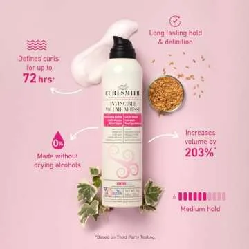 CURLSMITH - Invincible Volume Hair Mousse, Instant Volume, Alcohol Free, Non-Sticky, for Wavy, Curly or Coily Hair, Vegan (200ml/6.8fl oz)