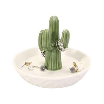 HOME SMILE Ceramic Cactus Ring Holder with Derorative White Dish for Jewelry,Christmas Birthday Gift...