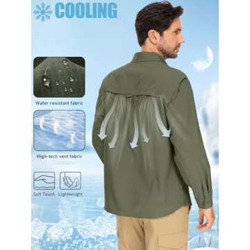 linlon Mens Safari Shirts Long Sleeve UV Protection Hiking Fishing UPF 50+ Quick Dry Cooling Camping...