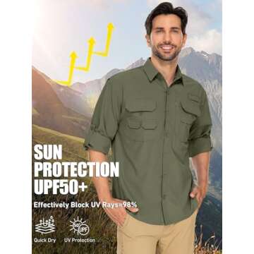 linlon Mens Safari Shirts Long Sleeve UV Protection Hiking Fishing UPF 50+ Quick Dry Cooling Camping Travel Shirts#5066-Army Green-L