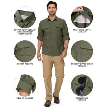 linlon Mens Safari Shirts Long Sleeve UV Protection Hiking Fishing UPF 50+ Quick Dry Cooling Camping Travel Shirts#5066-Army Green-L