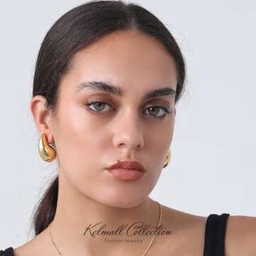 KELMALL Gold Chunky Waterdrop Hoop Earrings for Women - 18K Gold Bold Small Medium Large Teardrop Statement Earrings