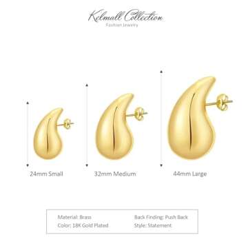 KELMALL Gold Chunky Waterdrop Hoop Earrings for Women - 18K Gold Bold Small Medium Large Teardrop Statement Earrings